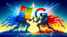 DALL·E 2024 04 29 17.22.21 A symbolic illustration of a battle between Microsoft and Google for the title of King of the Internet. The scene depicts two giant anthropomorphic Jorge Razo - Entrenador de emprendedores digitales Choque de Titanes: Microsoft y Google Luchan por el Dominio de la Inteligencia Artificial en las Búsquedas Online
