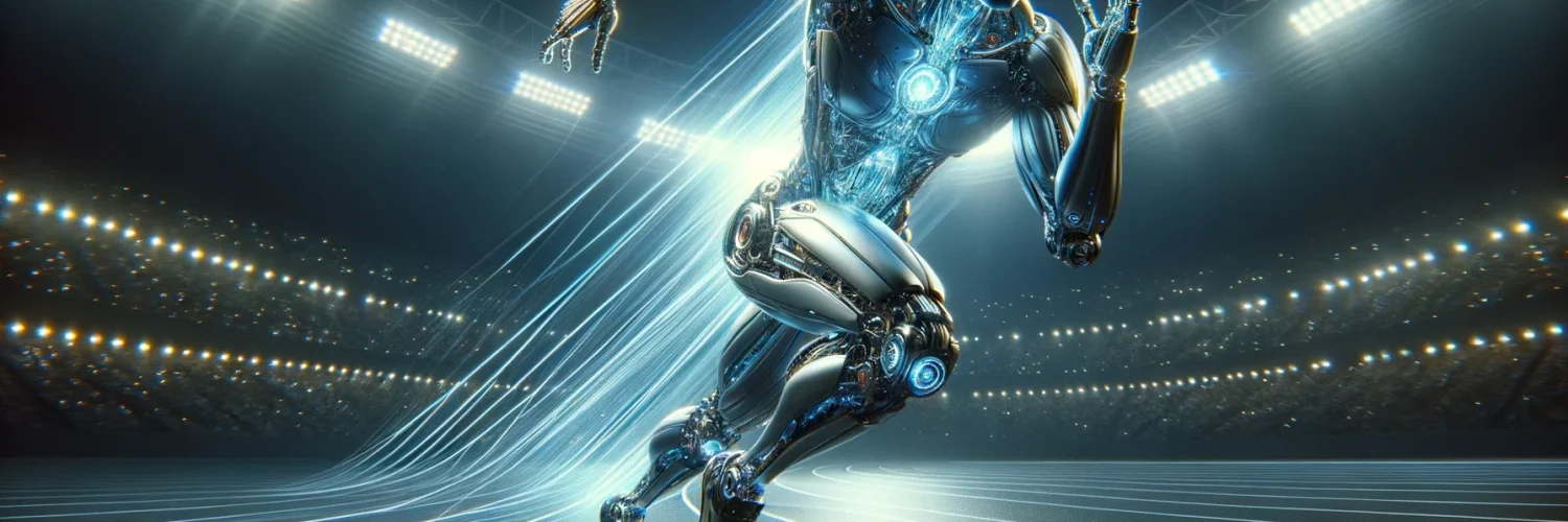 Robot humanoide futurista en posición de sprint en pista olímpica