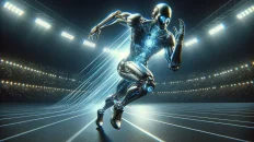 Robot humanoide futurista en posición de sprint en pista olímpica