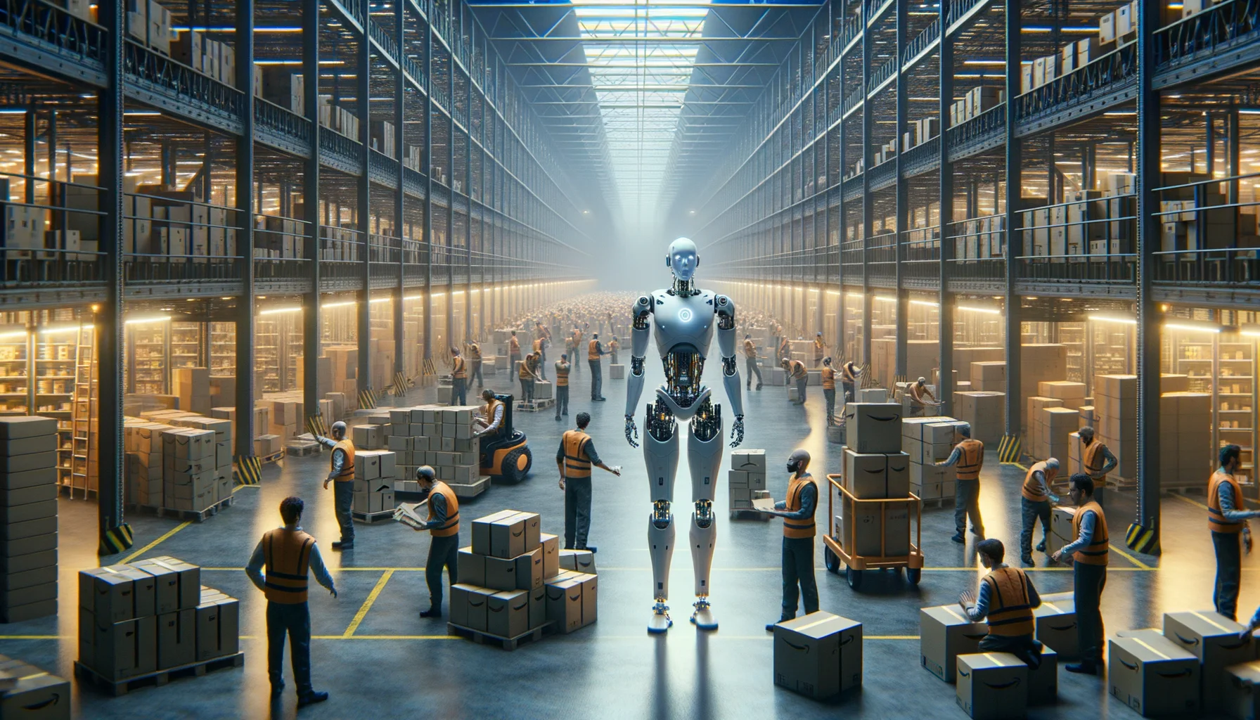 Robots humanoides trabajando en almacén junto a humanos