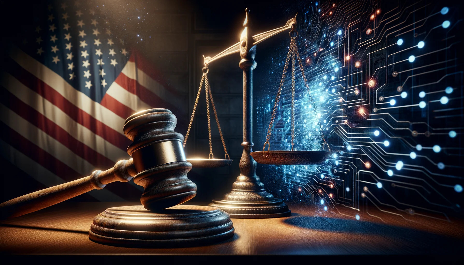 Martillo de juez con símbolos de IA y bandera americana