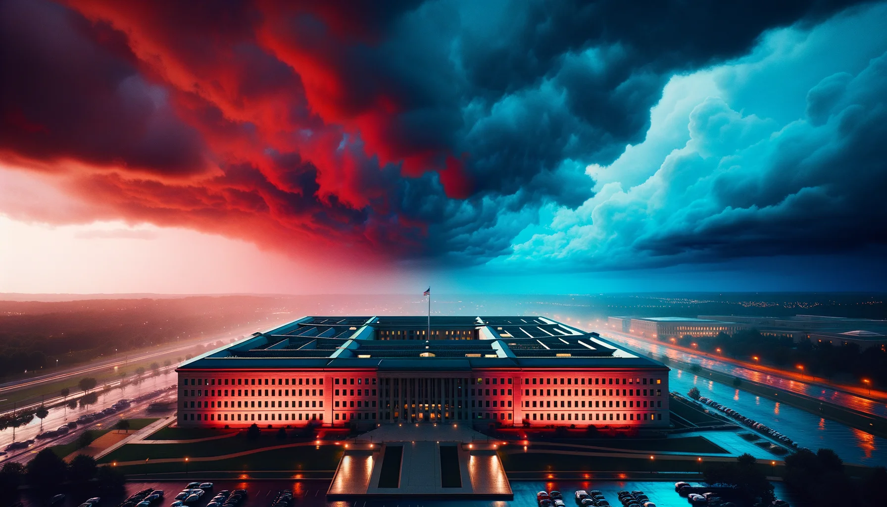 Pentágono al atardecer con atmósfera dramática