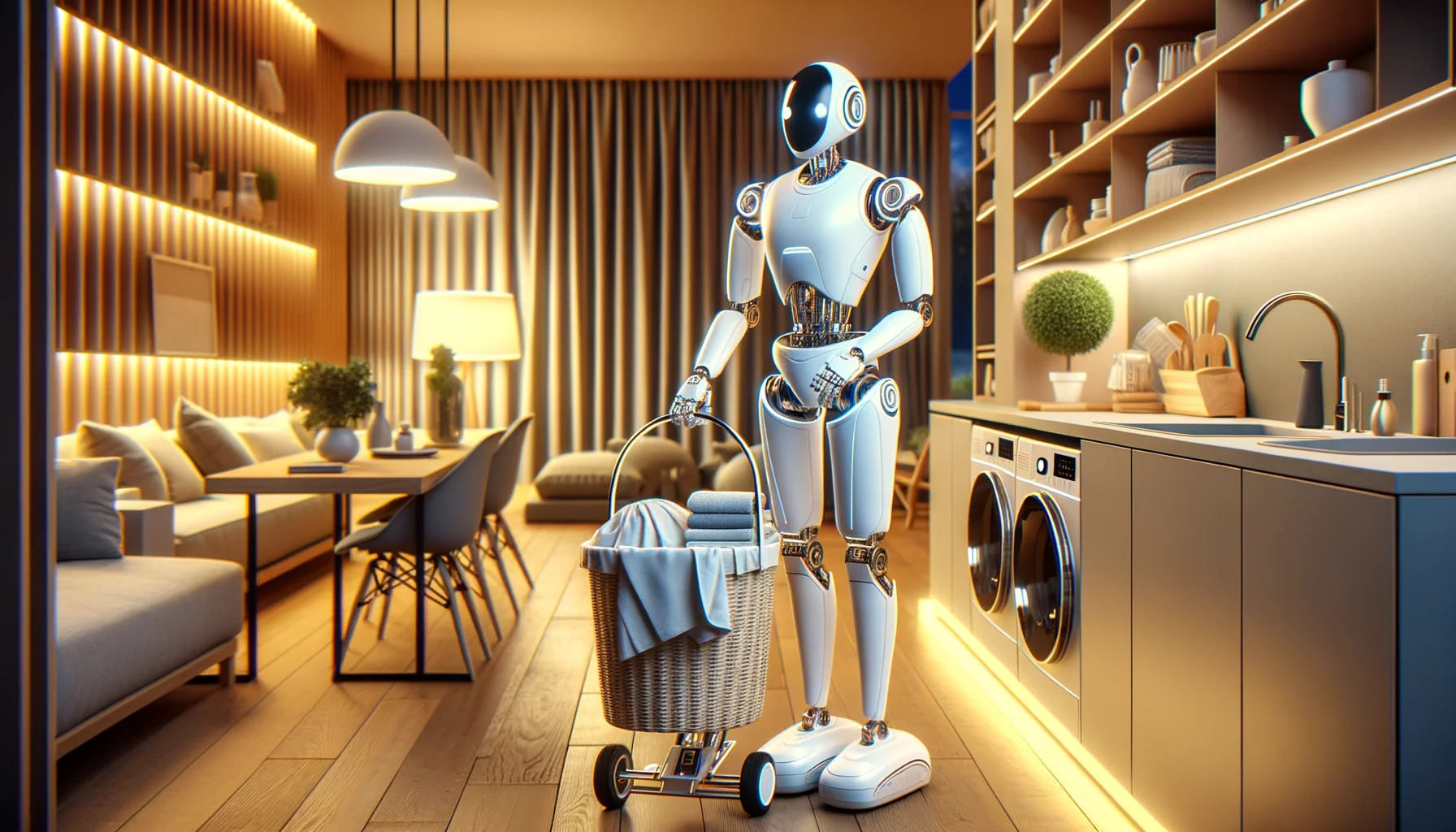 Robot mayordomo haciendo tareas del hogar en casa futurista