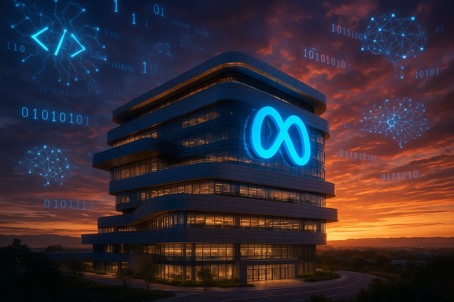 Mark Zuckerberg volvió a programar después de 20 años — y usa Claude Code 3 Meta headquarters con símbolos de código